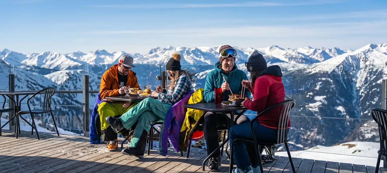 Panorama of a snow-covered ski resort valley in Arlberg and Tirol
